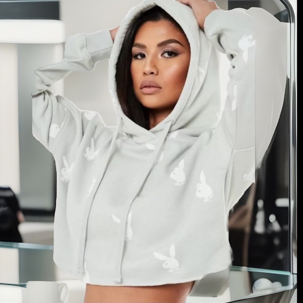 PLAYBOY Grey Repeat 🐰 Print Crop Hoodie Sits At Waist W/Raw Edge Hems White 🐰